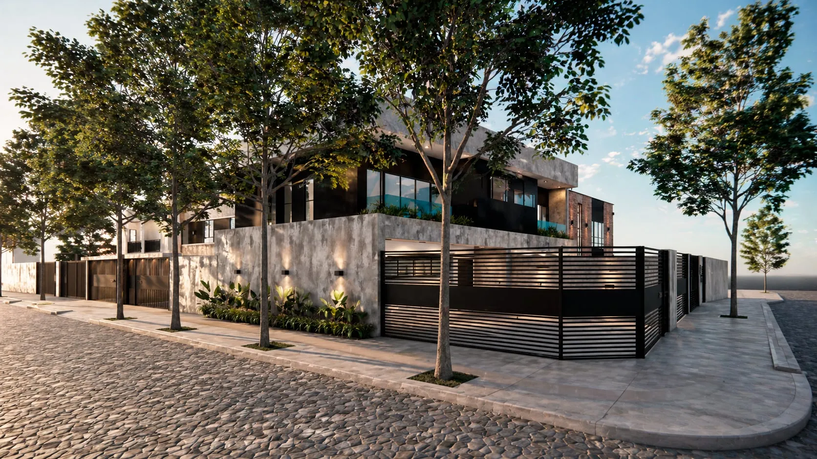 Render del conjunto Las Hortensias III visto desde la esquina, al atardecer