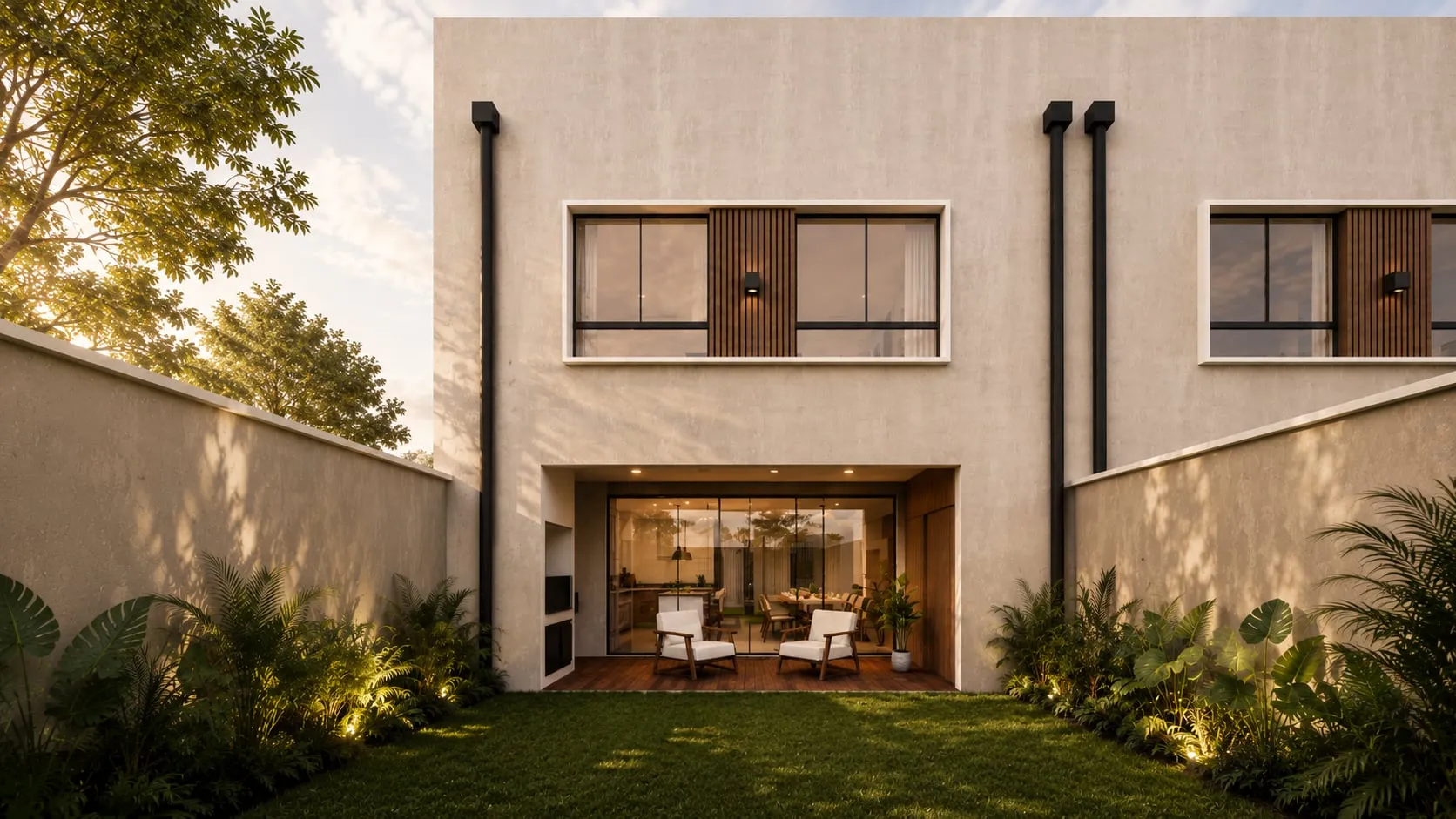 Fachada posterior con quincho y jardín