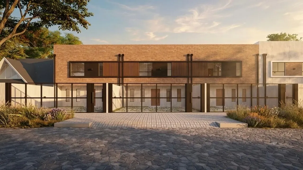 Render de Las Hortensias III — fachada posterior con ladrillo y parasoles de madera